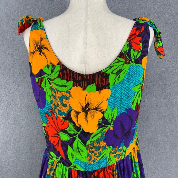 Vtg 80s 90s Two Potato Aloha Floral Midi Tiered Tie Shoulder Dress M Resort Wear - Picture 6 of 16
